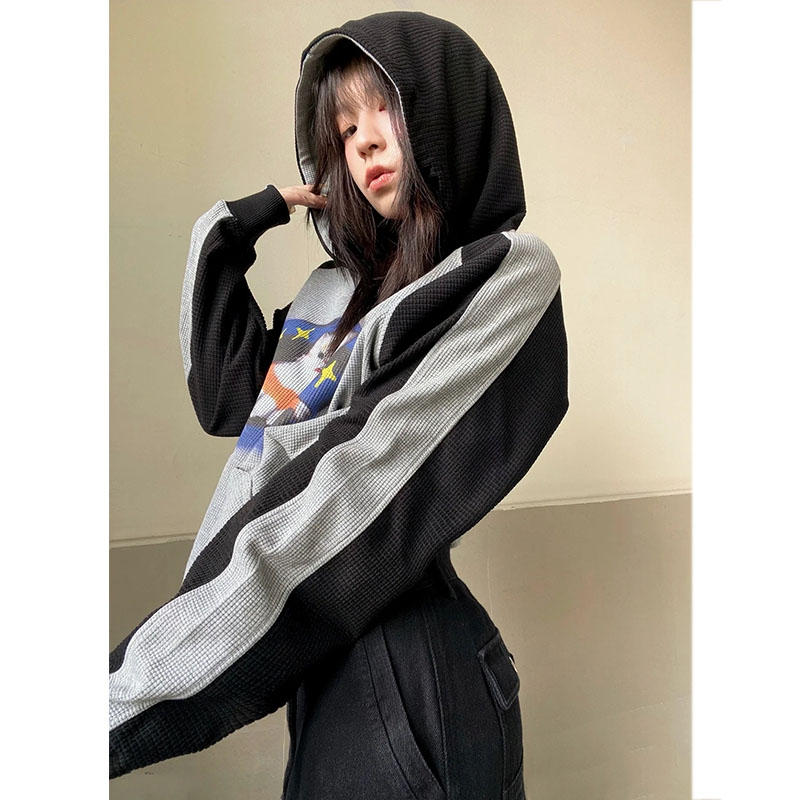 Cat Print Waffle Raglan Hoodie - Image 3