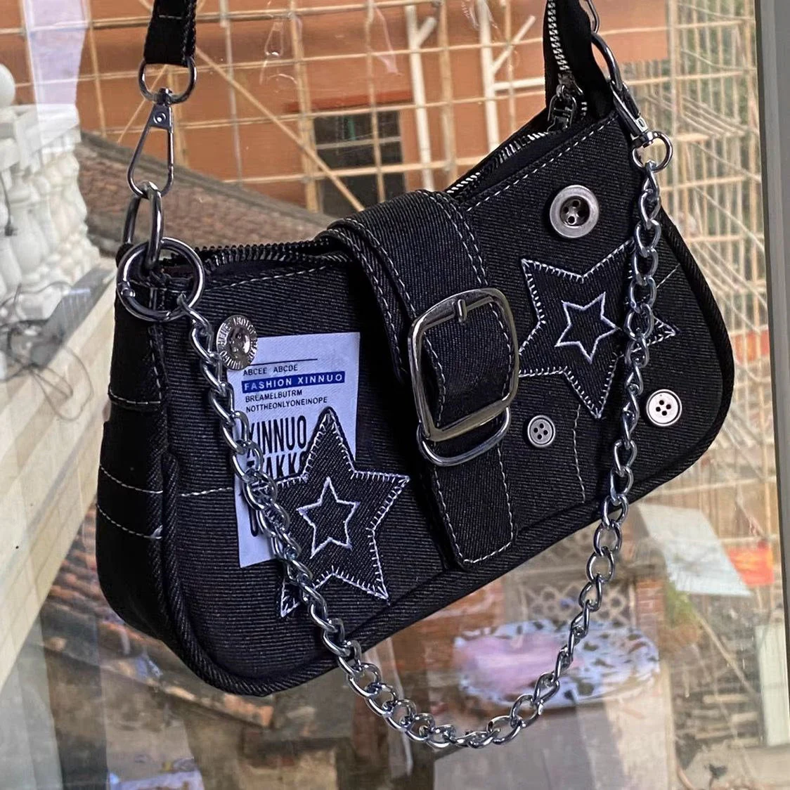 Chain Detail Star Buckled Denim Shoulder Bag - Image 3