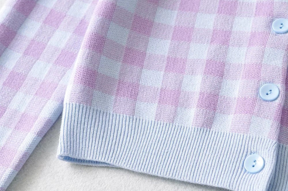 Checkered Button Front Knit Crop Cardigan - Image 11