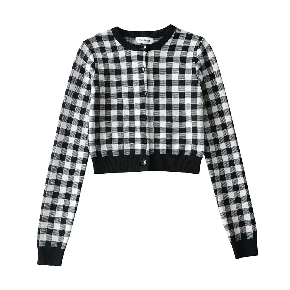 Checkered Button Front Knit Crop Cardigan - Image 12