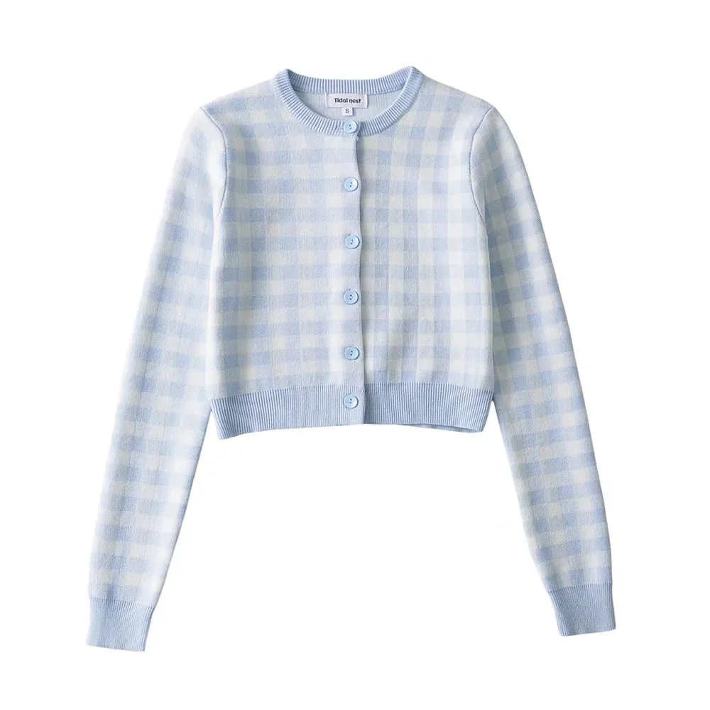 Checkered Button Front Knit Crop Cardigan - Image 13