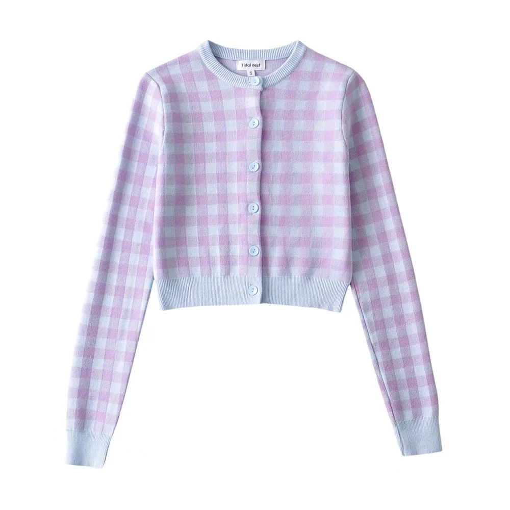 Checkered Button Front Knit Crop Cardigan - Image 14