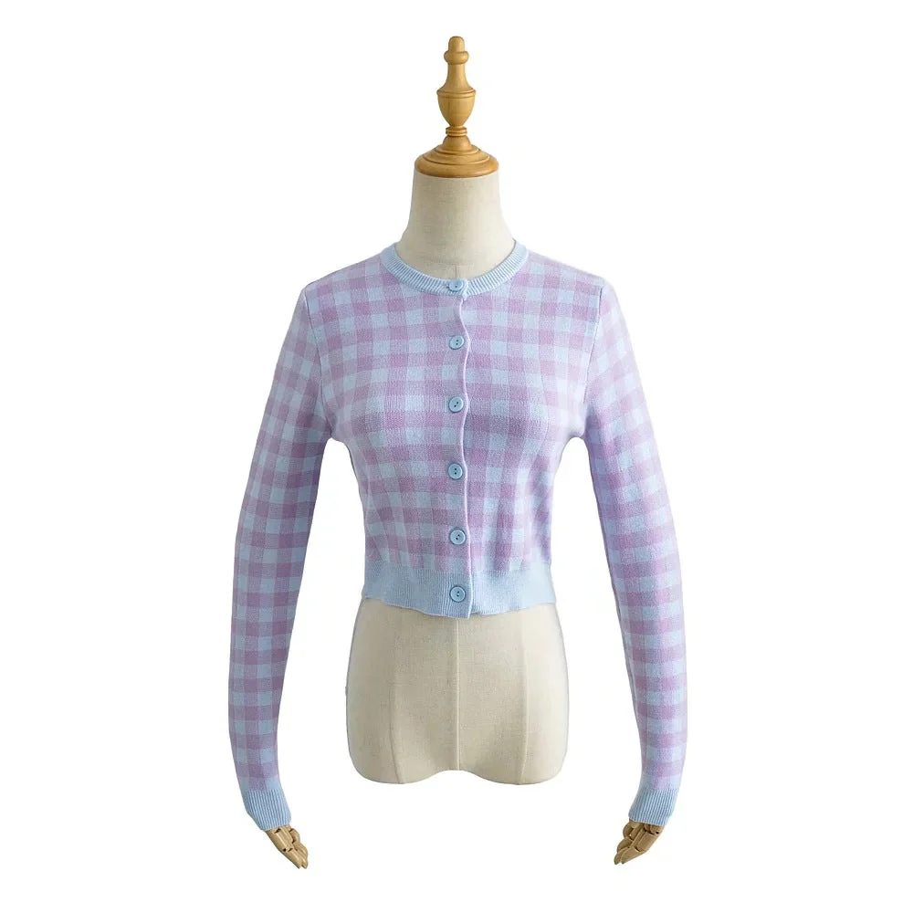 Checkered Button Front Knit Crop Cardigan - Image 2