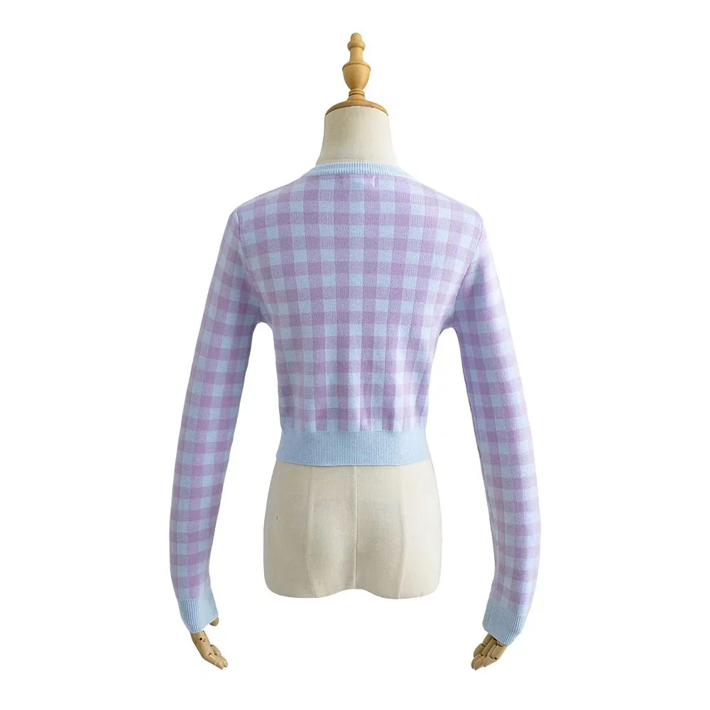 Checkered Button Front Knit Crop Cardigan - Image 3