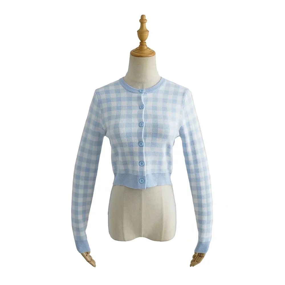Checkered Button Front Knit Crop Cardigan - Image 4