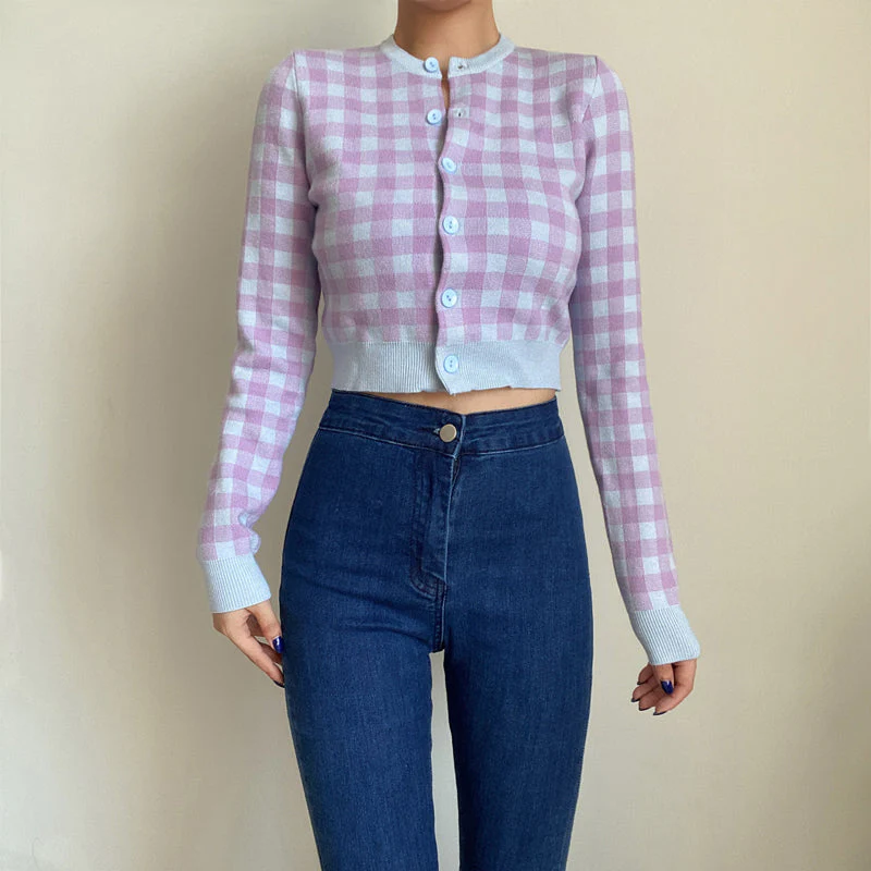 Checkered Button Front Knit Crop Cardigan - Image 5