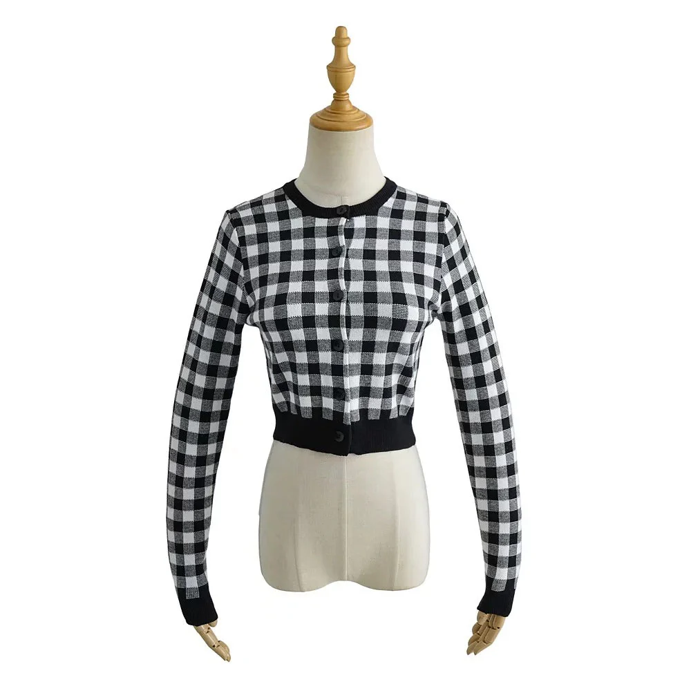 Checkered Button Front Knit Crop Cardigan - Image 6
