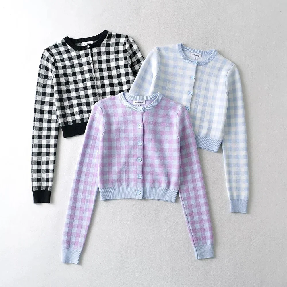 Checkered Button Front Knit Crop Cardigan - Image 9