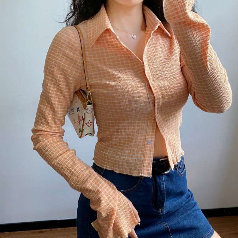Checkered Cropped Long Sleeve Blouse - Image 10