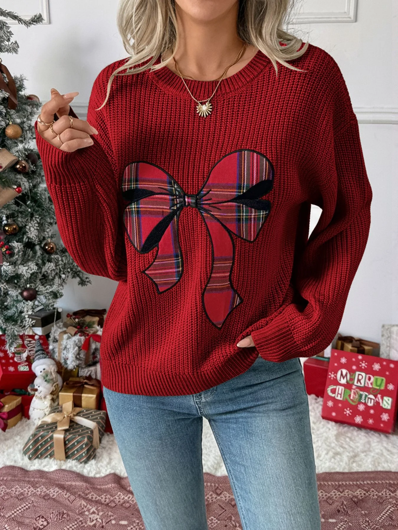 Christmas Bow Plaid Sweater - Image 2