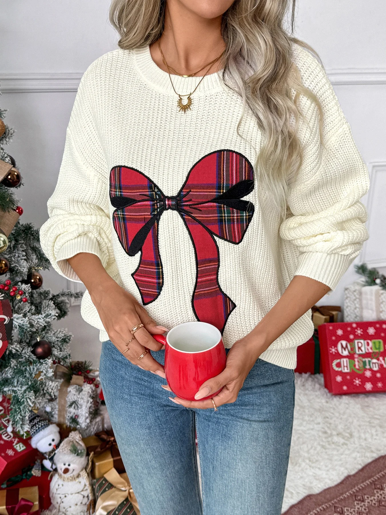 Christmas Bow Plaid Sweater - Image 5