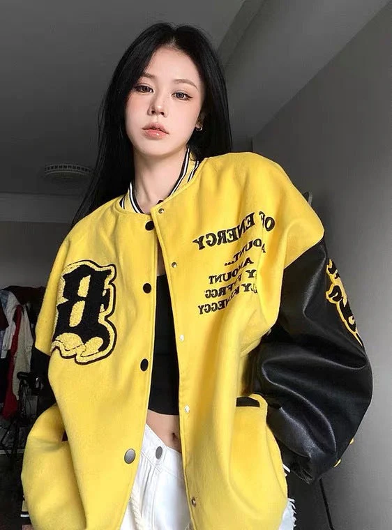 Collar Contrast Loose Baseball Jacket - Image 9