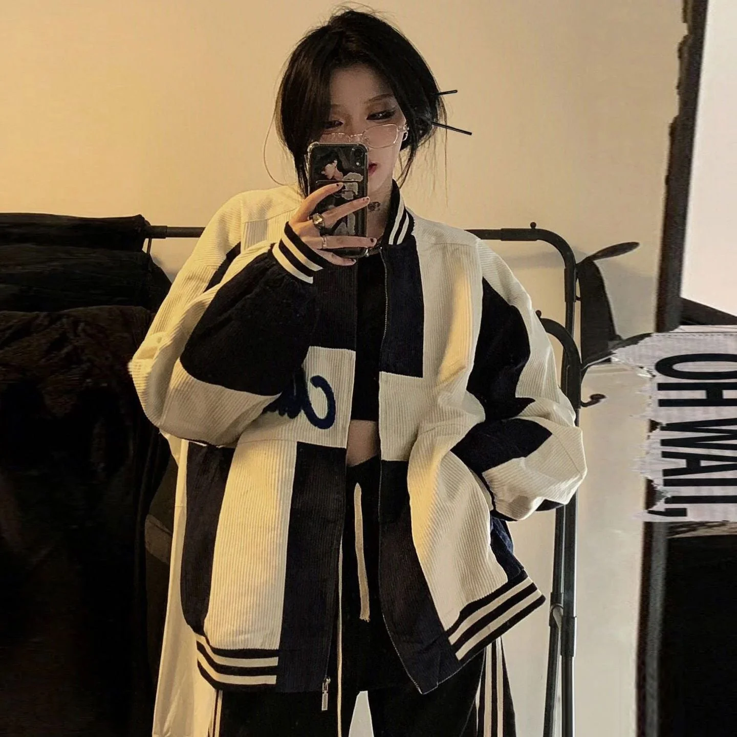 Color Block Zip Up Corduroy Bomber Jacket - Image 7
