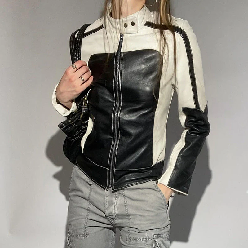 Color Block Zipper Faux Leather Moto Jacket - Image 9