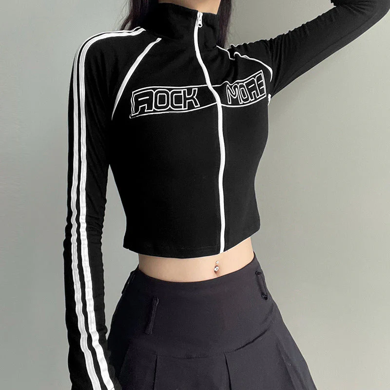 Contrast Color Letter Print Long Sleeve Crop Top - Image 7