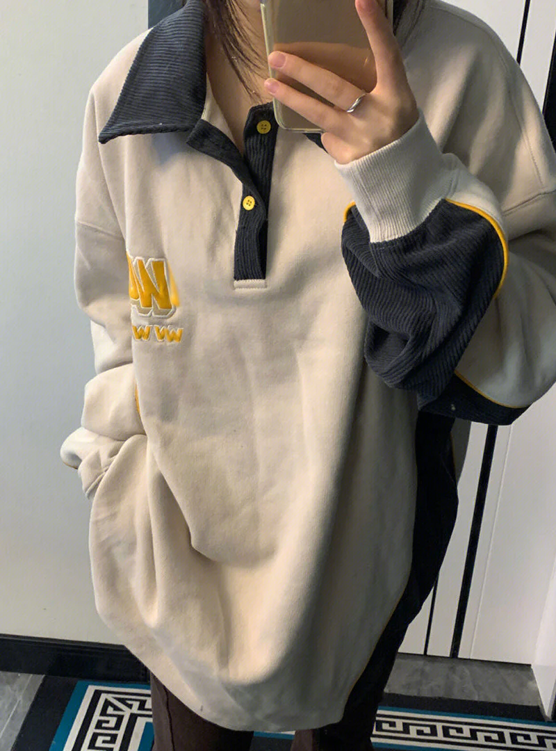 Contrast Color Splice Embroidery Neck Baggy Sweatshirt - Image 5