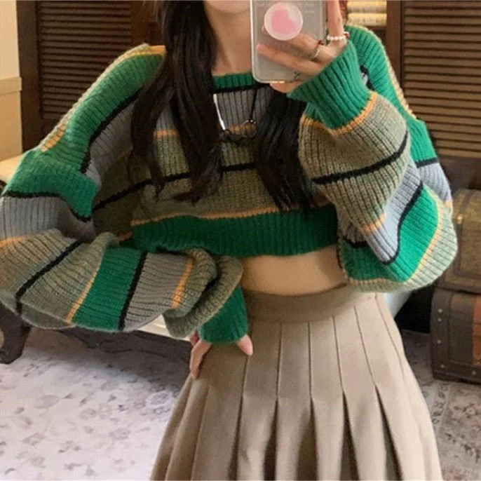 Contrast Color Stripe Loose Crop Sweater - Image 2