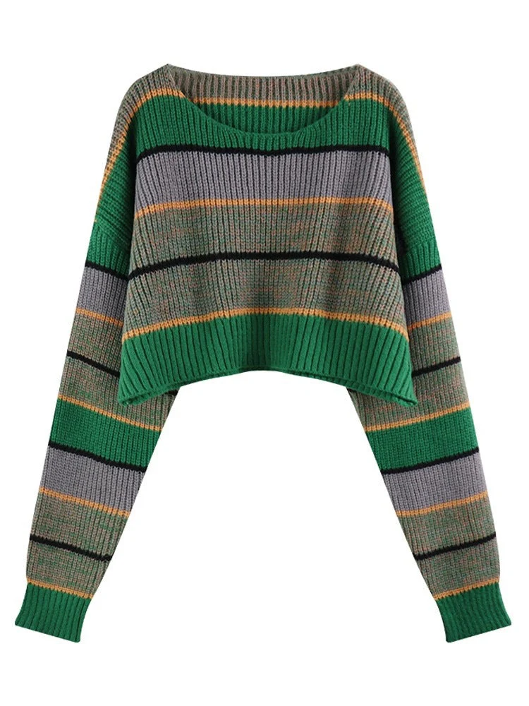 Contrast Color Stripe Loose Crop Sweater - Image 4