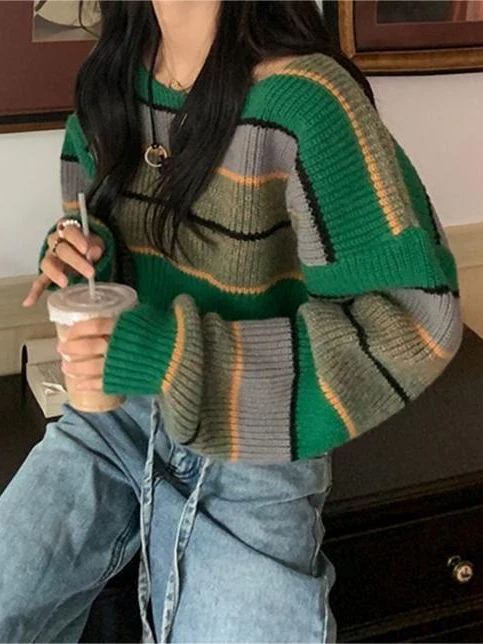 Contrast Color Stripe Loose Crop Sweater - Image 6