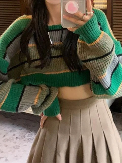 Contrast Color Stripe Loose Crop Sweater - Image 7