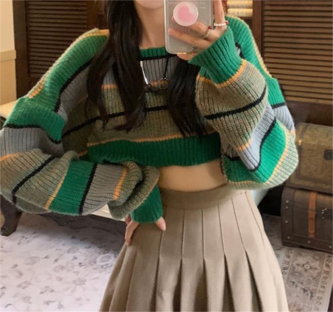Contrast Color Stripe Loose Crop Sweater - Image 9