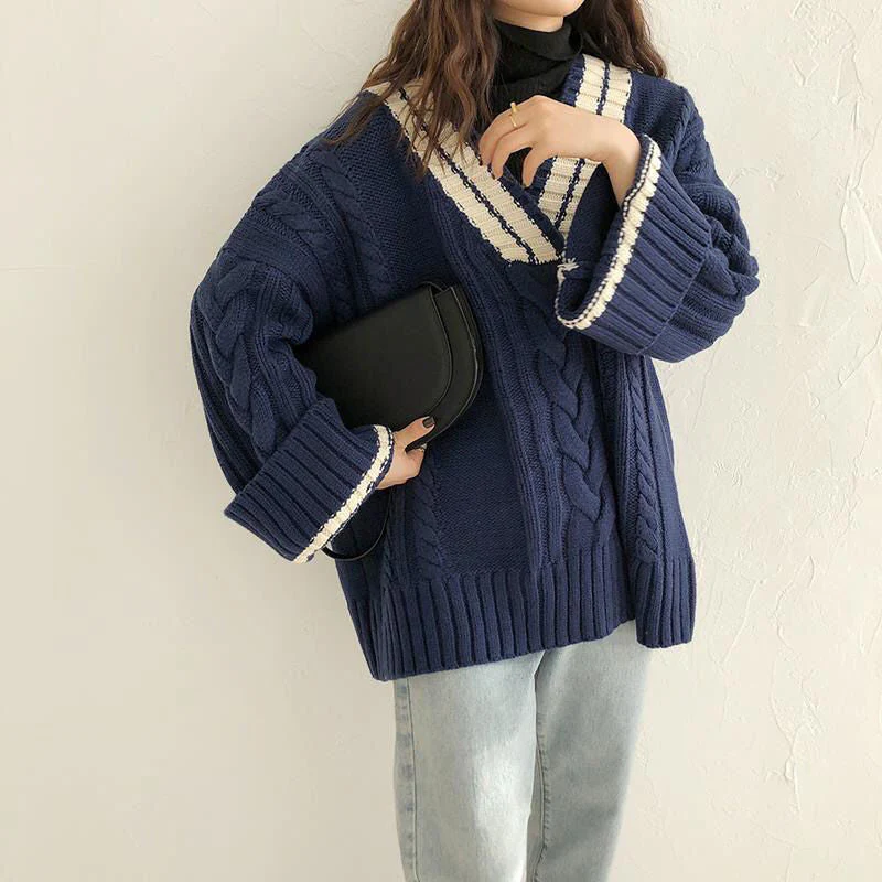 Contrast Color V Neck Cable Knit Sweater - Image 2