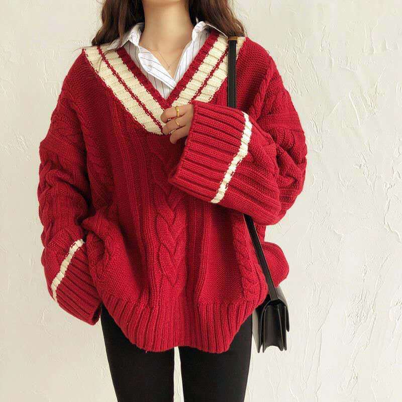 Contrast Color V Neck Cable Knit Sweater - Image 5