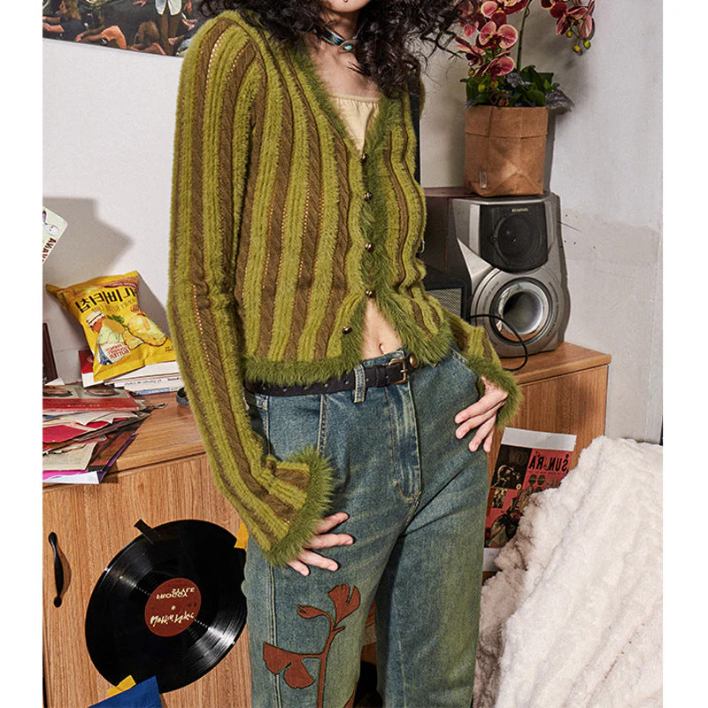 Contrast Color Vertical Stripe V Neck Cardigan - Image 7