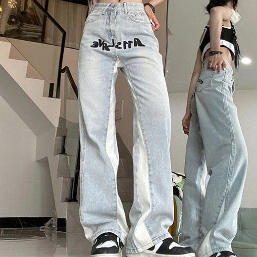 Contrast Letter Patchwork Straight Jeans - Image 3