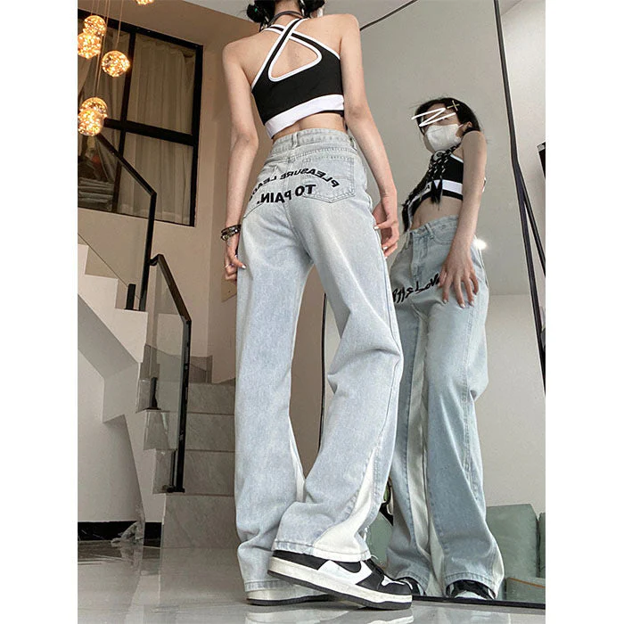Contrast Letter Patchwork Straight Jeans - Image 8