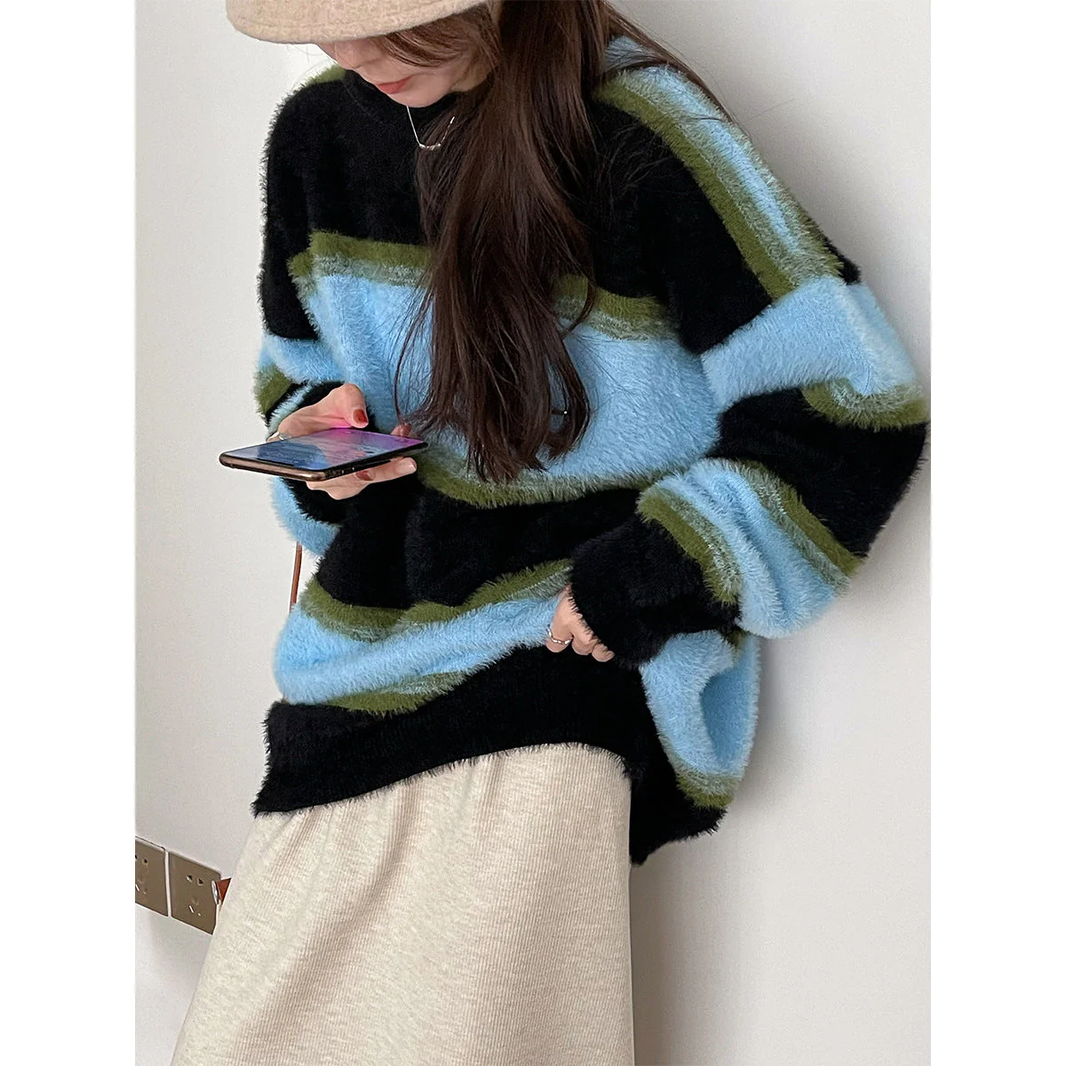 Contrast Striped Pullover Fuzzy Knit Sweater - Image 10