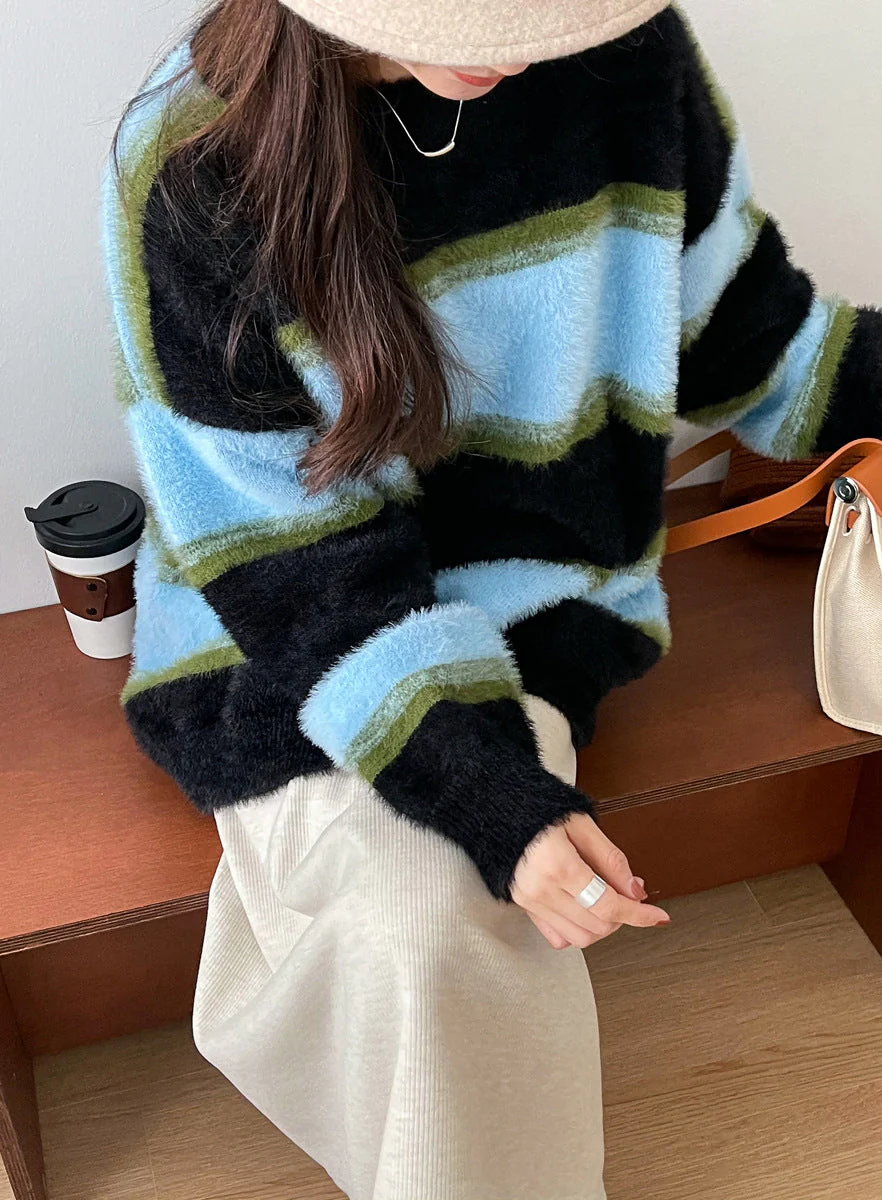 Contrast Striped Pullover Fuzzy Knit Sweater - Image 2