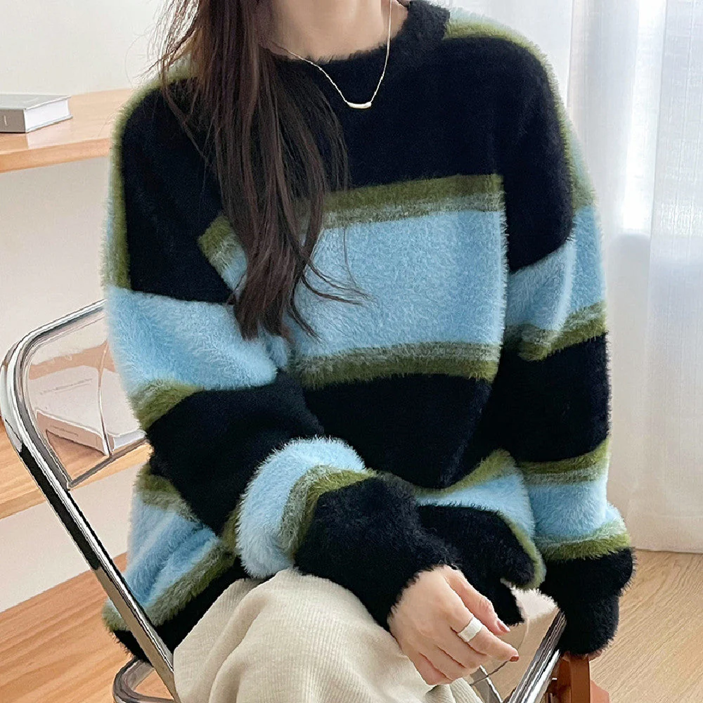 Contrast Striped Pullover Fuzzy Knit Sweater - Image 3