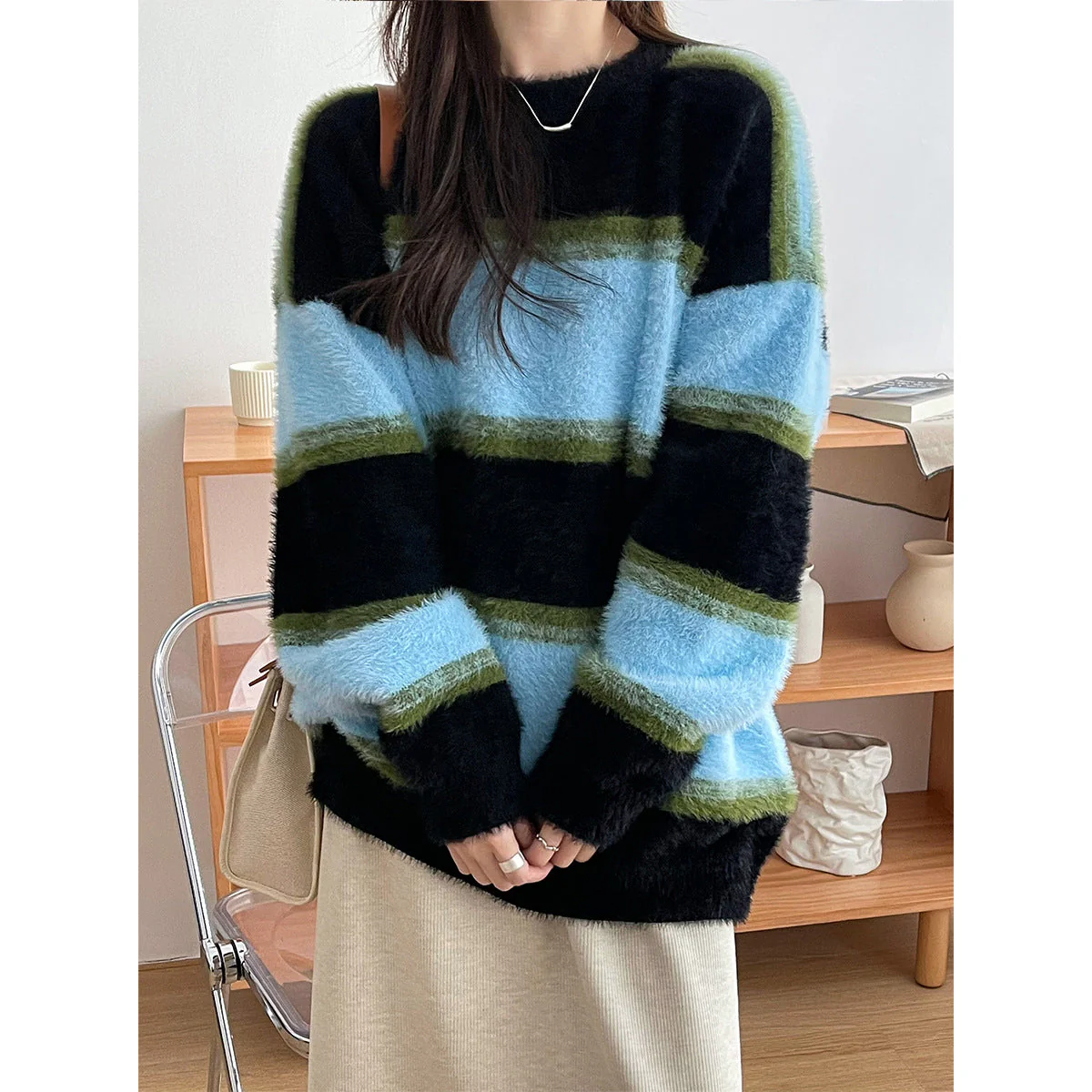 Contrast Striped Pullover Fuzzy Knit Sweater - Image 5