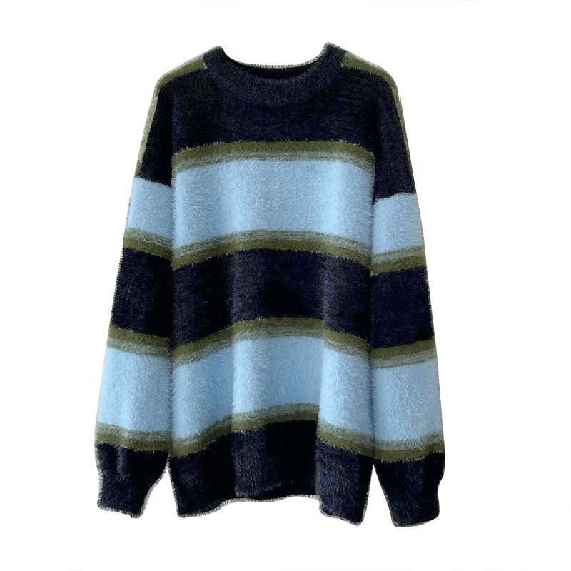 Contrast Striped Pullover Fuzzy Knit Sweater - Image 6