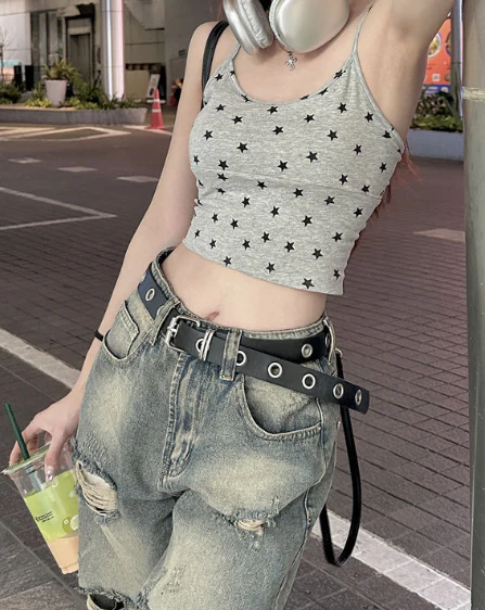 Contrast Trim Star Print Y2K Crop Cami Top - Image 7