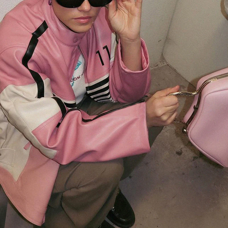 Contrasting Oversize Pu Leather Moto Jacket - Image 2
