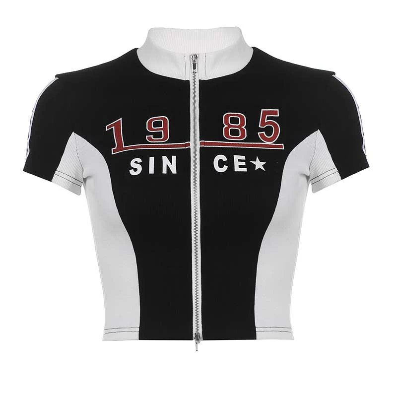 Contrasting Zip Up Rib Crop Top - Image 6