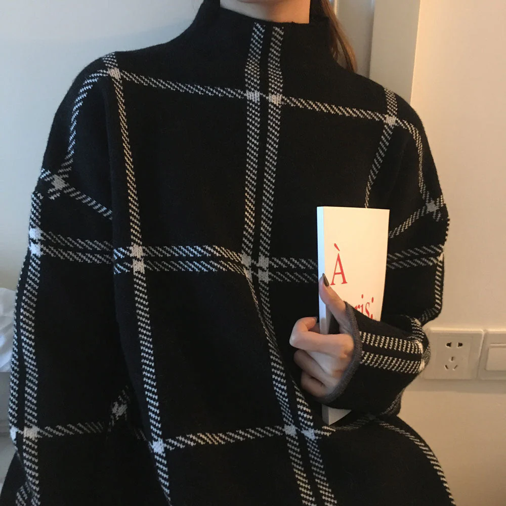 Core-spun high neck plaid sweater - Image 2