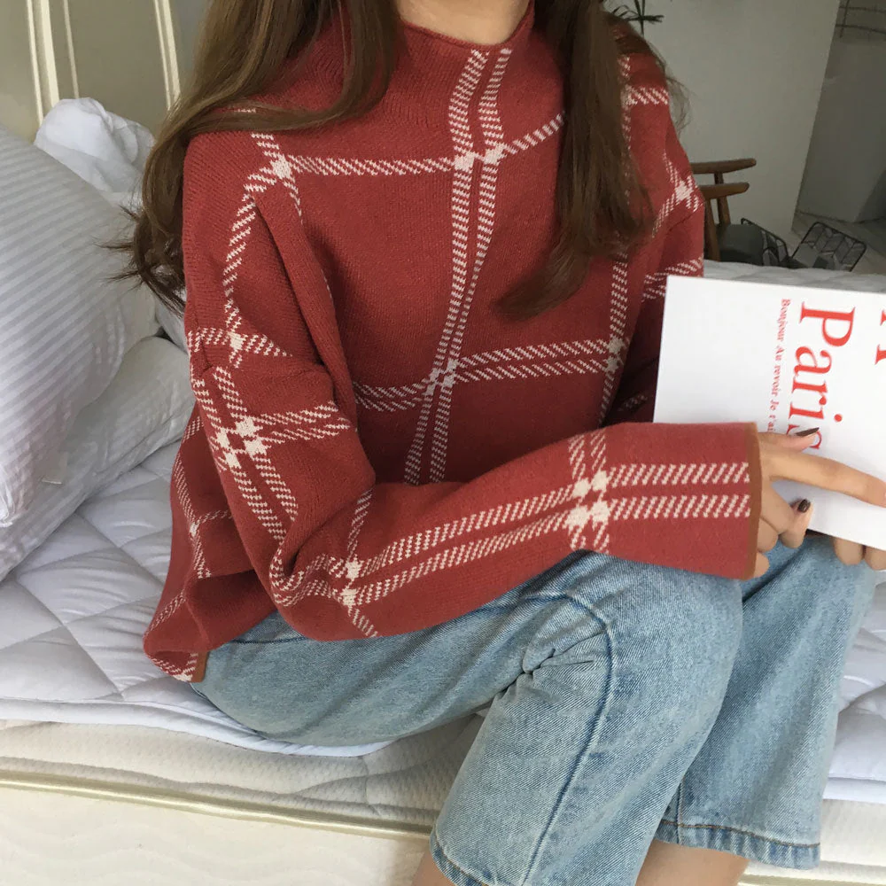 Core-spun high neck plaid sweater - Image 4