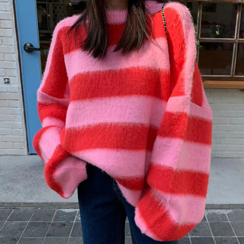 Crew Neck Pullover Striped Knit Sweater - Image 10