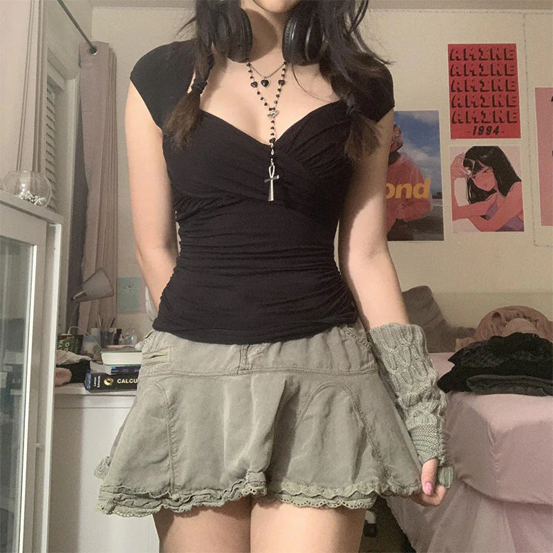 Criss Cross Ruched V Neck Tee - Image 2