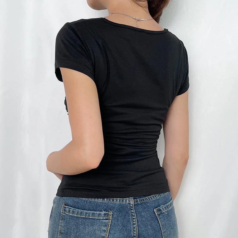 Criss Cross Ruched V Neck Tee - Image 3