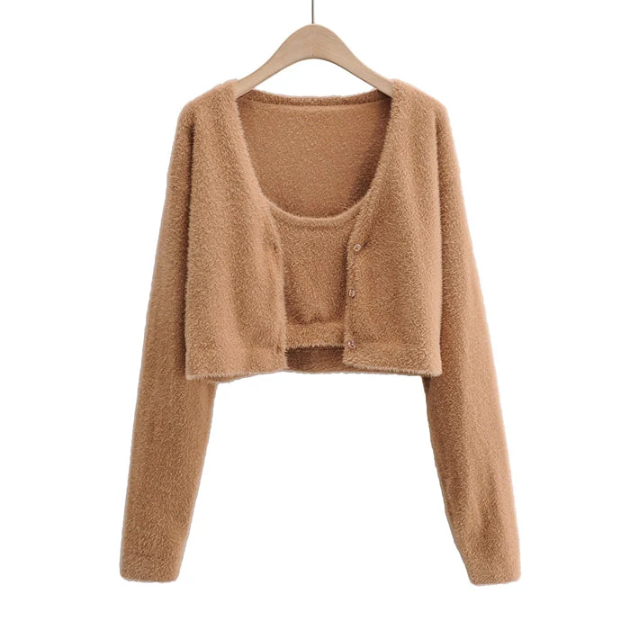 Cropped Button Knit Two Piece Cardigan - Image 10