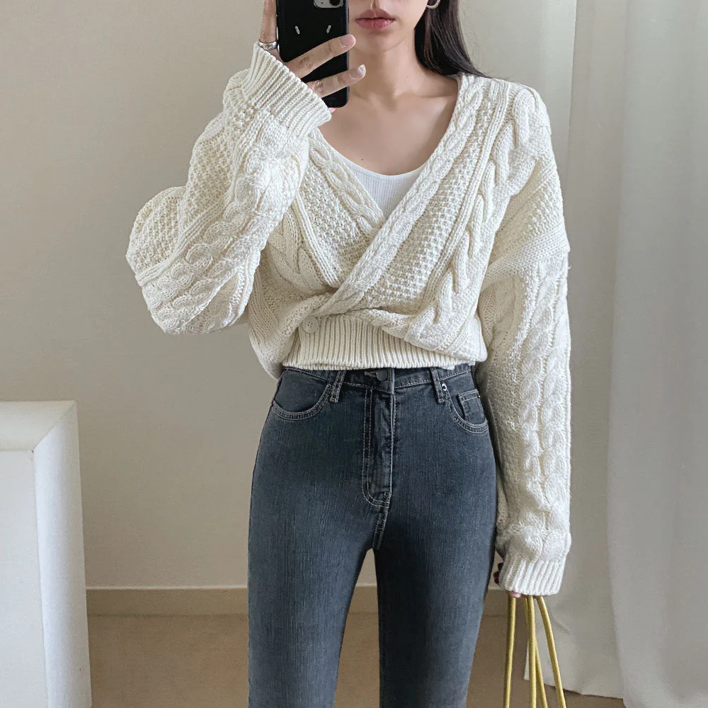 Cross Over Crop Cable Knit Cardigan - Image 4