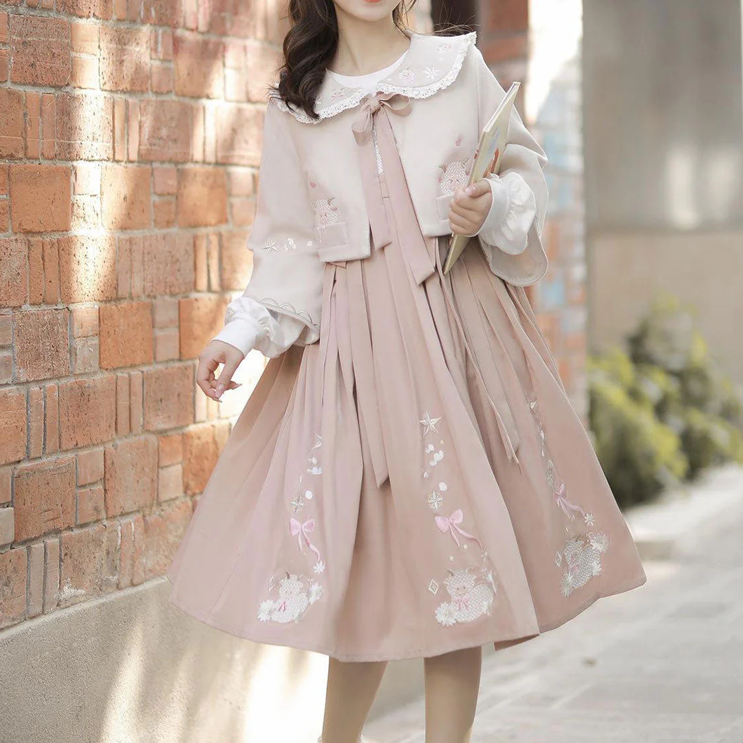 Cute Bow Sheep Flower Dress Sweatshirt Set - Image 6