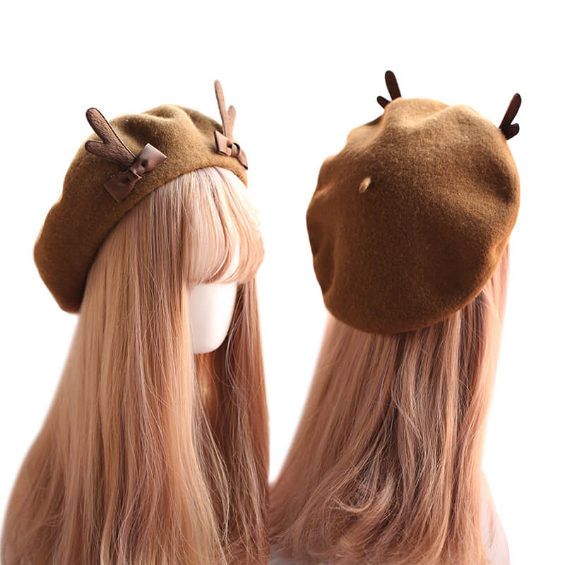 Cute Deer Horn Wool Berets Bowknot Cap - Image 2