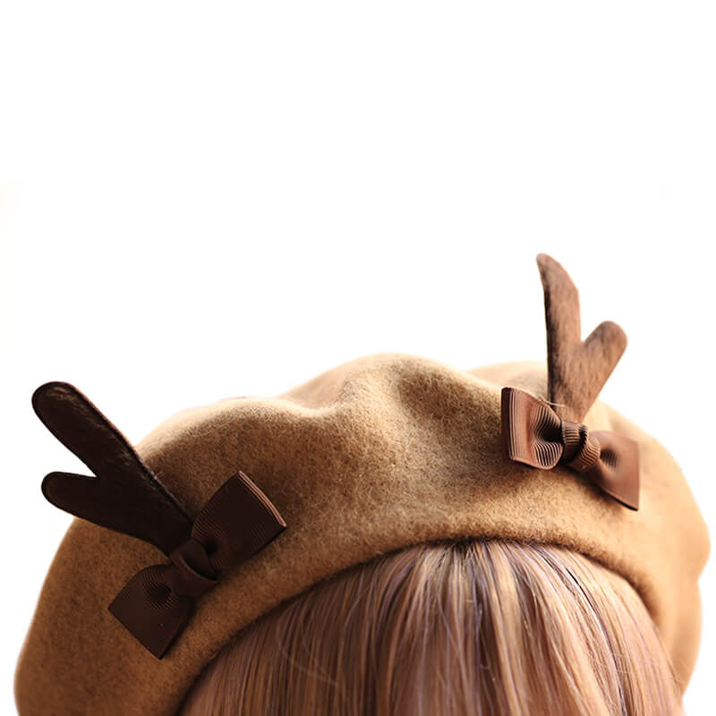 Cute Deer Horn Wool Berets Bowknot Cap - Image 6