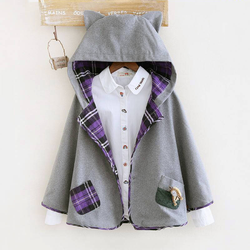 Cute Grid Cat Ear Hoodie Cape Coat - Image 2