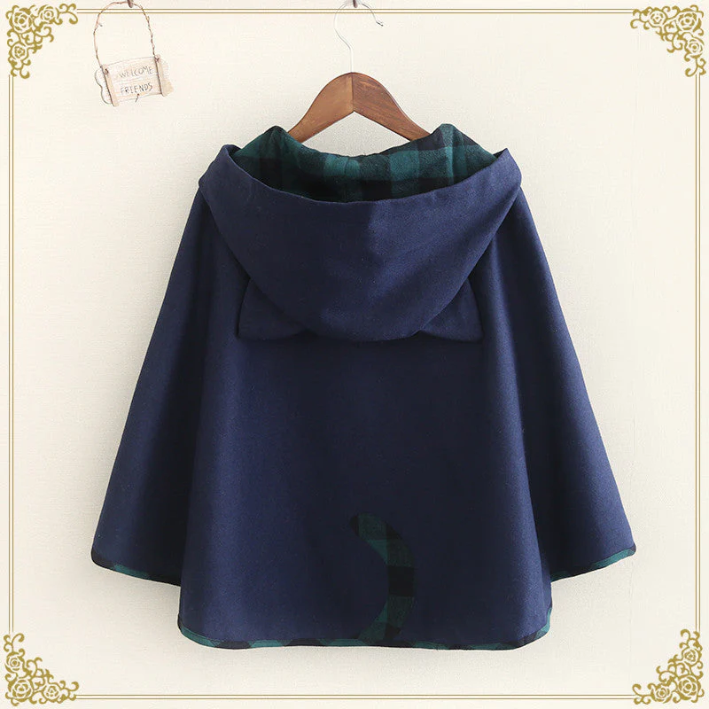 Cute Grid Cat Ear Hoodie Cape Coat - Image 3